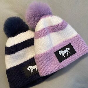 Striped Pom-Pom Beanie  - Navy Blue or Lavender